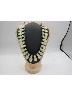Vtg Opalescent Glass Statement Necklace Silver Tone Double Row Iridescent Caboch